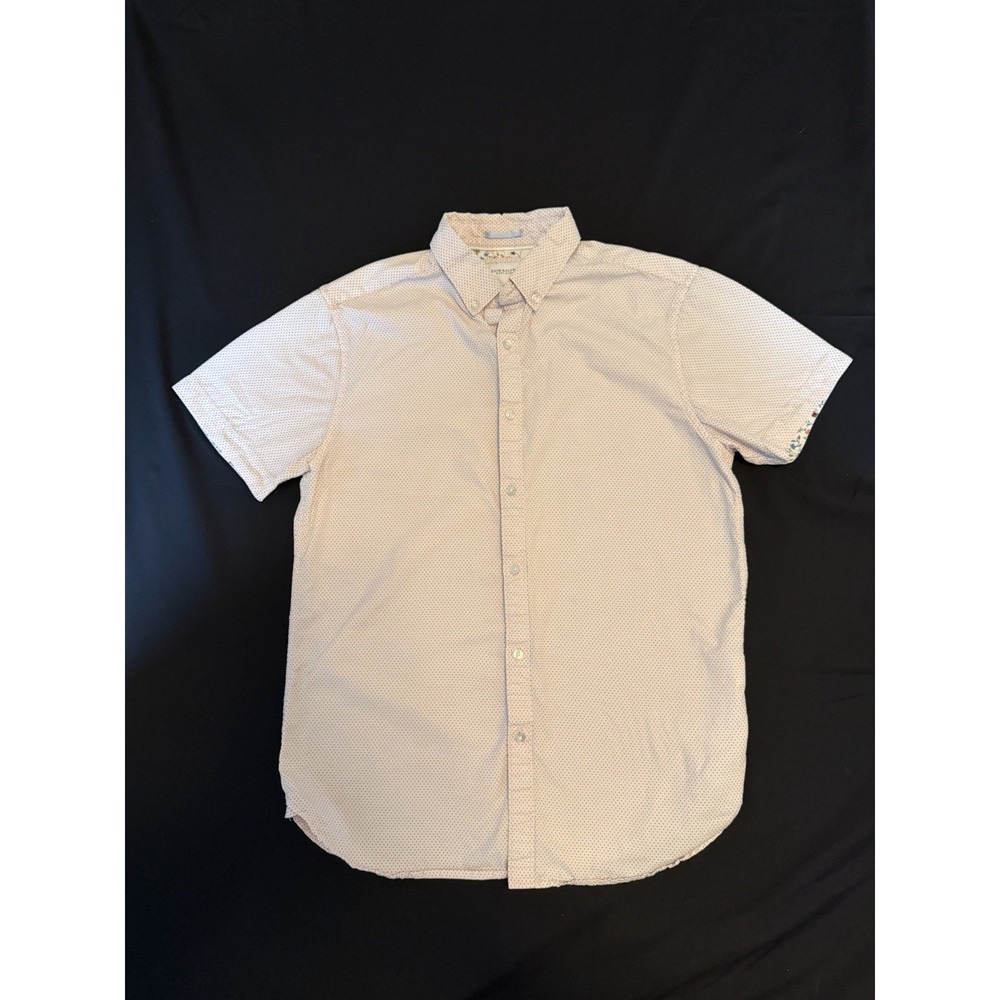 Denim & Flower Light Pink Black Polka Dot Men's Short Sleeve Button Up Shirt, S